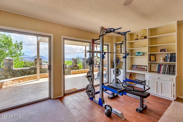 workout area featuring a textured ceiling and wood finished floors