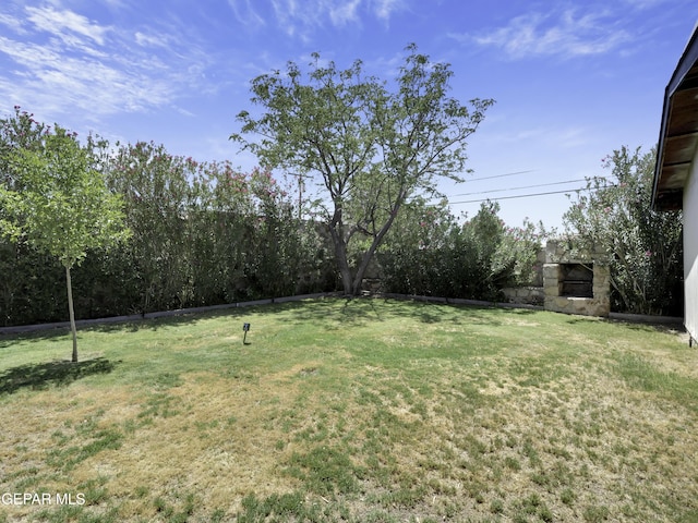 view of yard featuring an outdoor stone fireplace