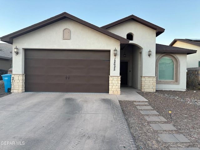 ranch-style house with driveway, a garage, and stucco siding