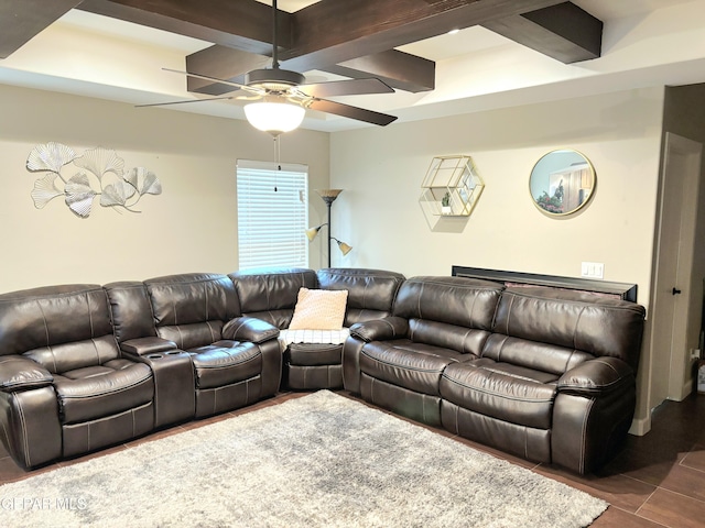 living room with a ceiling fan, coffered ceiling, and beamed ceiling