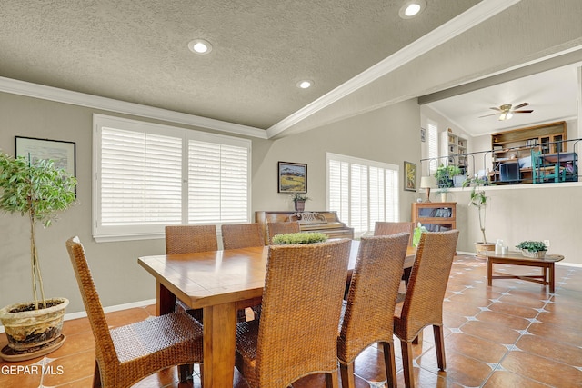 dining space with baseboards, tile patterned flooring, a textured ceiling, crown molding, and recessed lighting