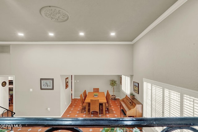 game room with ornamental molding, recessed lighting, and visible vents