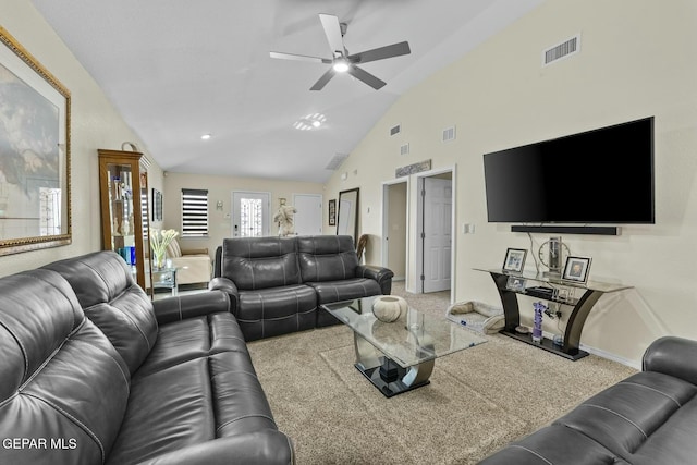 living room with visible vents, baseboards, high vaulted ceiling, and carpet flooring