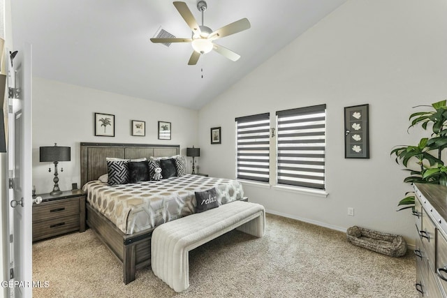 bedroom featuring baseboards, lofted ceiling, light colored carpet, and ceiling fan