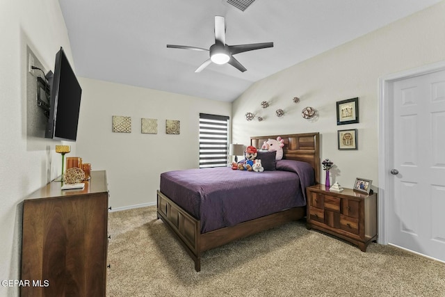 bedroom featuring ceiling fan, lofted ceiling, visible vents, and light carpet