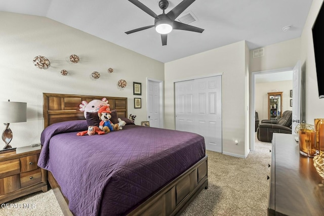 bedroom featuring visible vents, a ceiling fan, baseboards, lofted ceiling, and light colored carpet