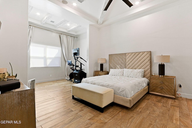 bedroom with baseboards, recessed lighting, ceiling fan, beamed ceiling, and light wood-type flooring