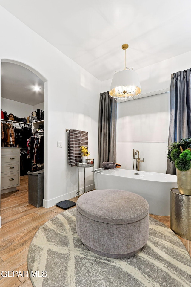 bathroom featuring a spacious closet, wood finished floors, baseboards, and a freestanding bath