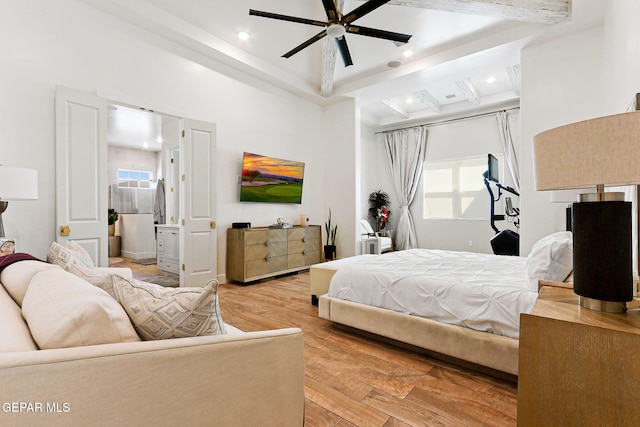 bedroom with light wood finished floors, beam ceiling, recessed lighting, and ceiling fan