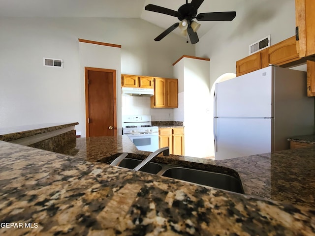 kitchen with under cabinet range hood, visible vents, white appliances, and a sink