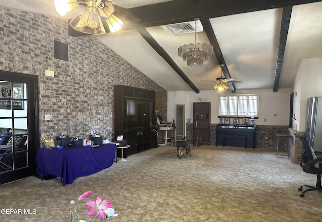 carpeted living area with lofted ceiling with beams, ceiling fan, and visible vents