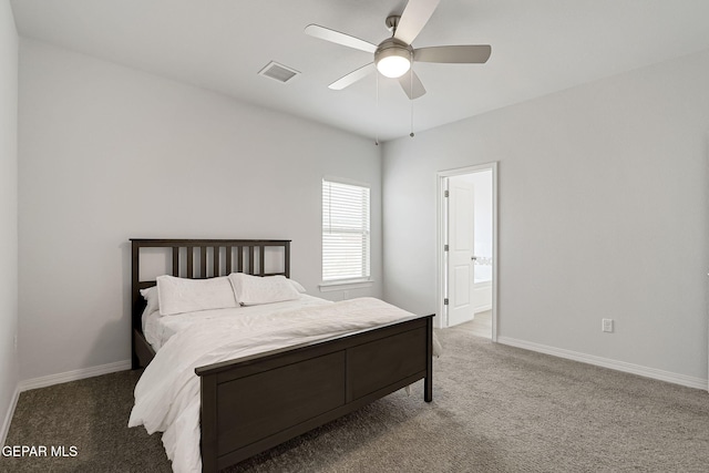 carpeted bedroom with a ceiling fan, baseboards, and visible vents