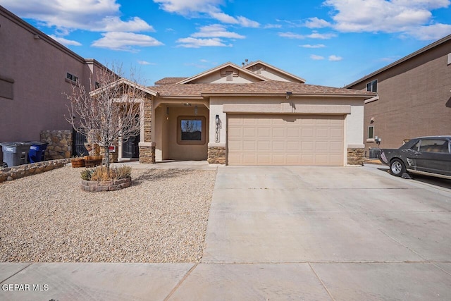 view of front of house with a garage, stone siding, driveway, and stucco siding