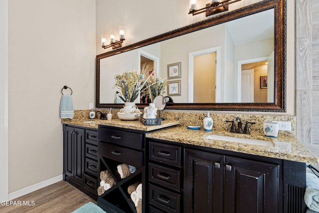 bathroom with double vanity, a sink, and wood finished floors