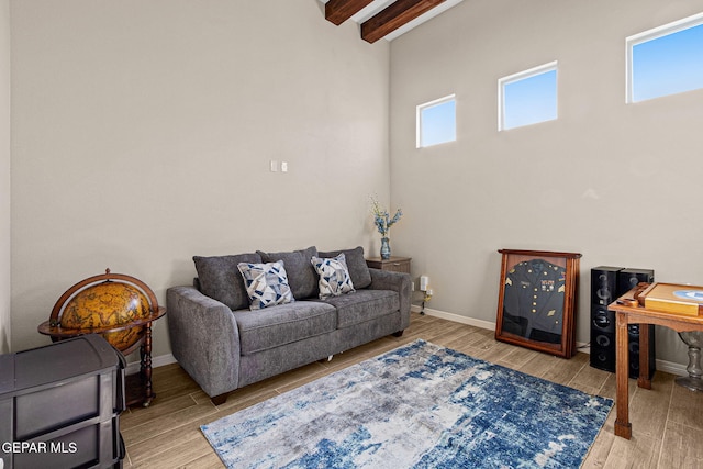 living area featuring baseboards, wood finished floors, beam ceiling, and a healthy amount of sunlight