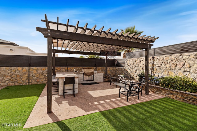 view of patio featuring a fenced backyard, a grill, and a pergola