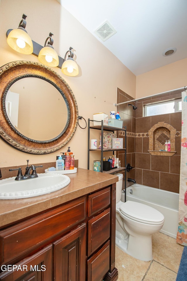 full bath with shower / tub combo with curtain, visible vents, toilet, vanity, and tile patterned flooring