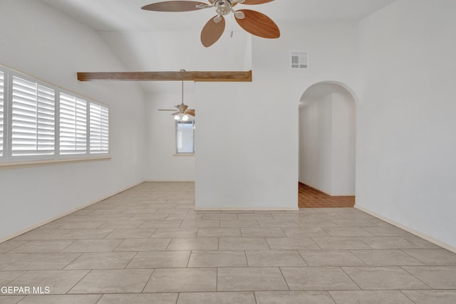 spare room with high vaulted ceiling, arched walkways, visible vents, and ceiling fan