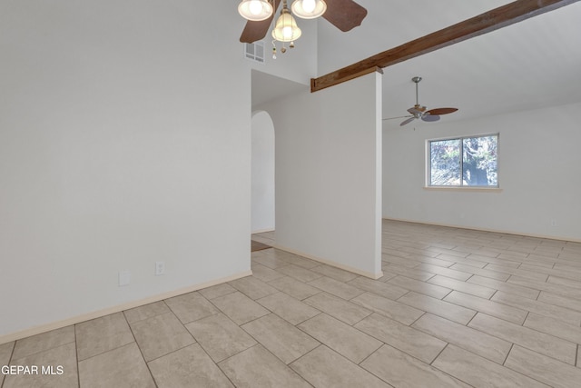 empty room with baseboards, visible vents, beam ceiling, arched walkways, and ceiling fan