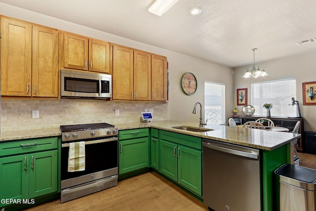 kitchen with visible vents, a peninsula, a sink, stainless steel appliances, and tasteful backsplash