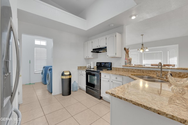 kitchen with black range with electric stovetop, stainless steel fridge with ice dispenser, washer and clothes dryer, white cabinets, and a sink