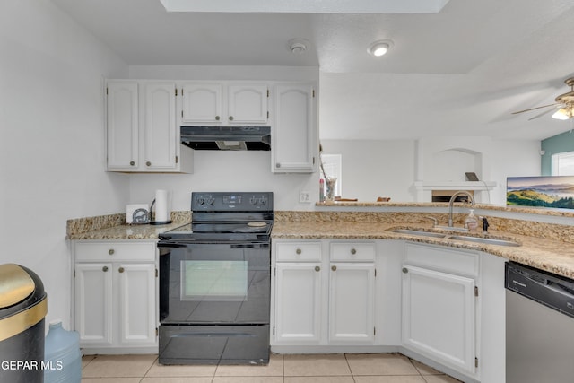 kitchen with under cabinet range hood, a sink, stainless steel dishwasher, black range with electric cooktop, and white cabinets