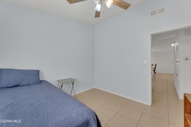 bedroom with light tile patterned flooring, visible vents, baseboards, and ceiling fan