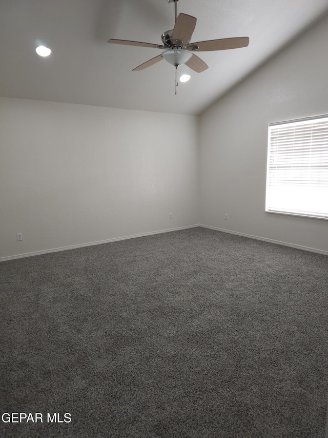 carpeted empty room featuring recessed lighting, baseboards, a ceiling fan, and vaulted ceiling