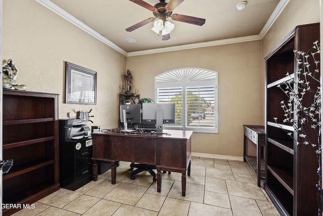 office space featuring light tile patterned floors, baseboards, ornamental molding, and a ceiling fan