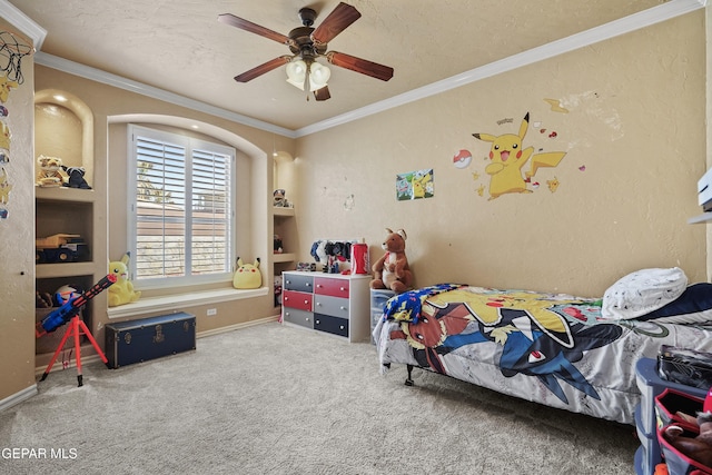 carpeted bedroom featuring ceiling fan, a textured ceiling, a textured wall, and ornamental molding