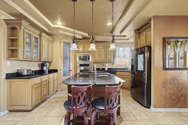 kitchen featuring open shelves, light tile patterned flooring, appliances with stainless steel finishes, and a sink