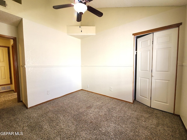 unfurnished bedroom featuring a ceiling fan, baseboards, visible vents, carpet floors, and a closet