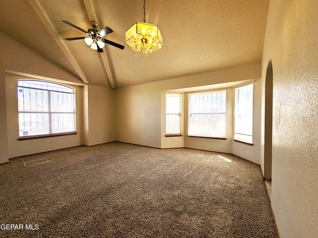 empty room featuring lofted ceiling, a healthy amount of sunlight, and carpet floors