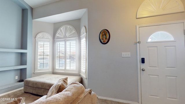 entrance foyer with baseboards and carpet flooring