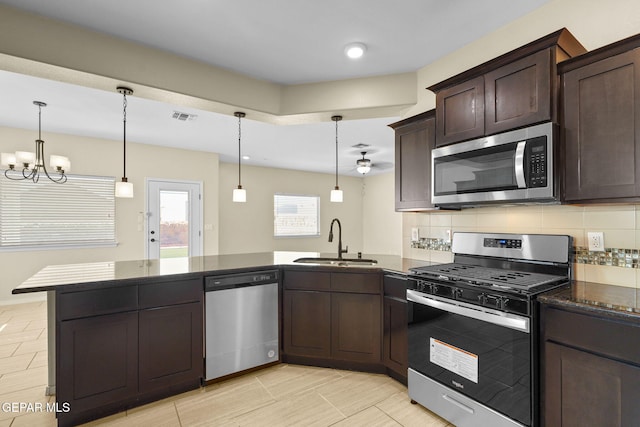 kitchen with a sink, stainless steel appliances, a peninsula, decorative backsplash, and dark brown cabinets