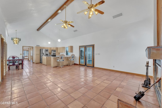 unfurnished living room featuring visible vents, baseboards, beamed ceiling, light tile patterned flooring, and high vaulted ceiling