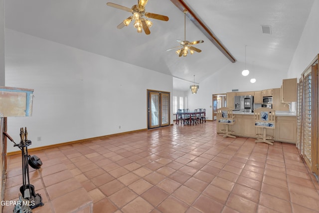 unfurnished living room featuring visible vents, beam ceiling, high vaulted ceiling, and light tile patterned flooring