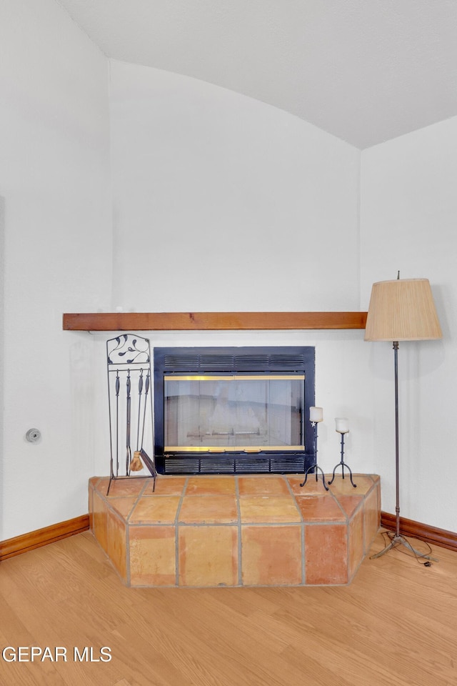 room details featuring a glass covered fireplace, wood finished floors, and baseboards