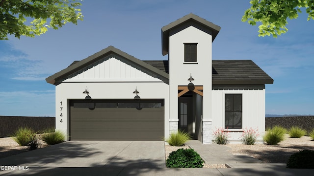 modern farmhouse style home with concrete driveway, an attached garage, board and batten siding, and a shingled roof