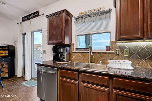 kitchen with a sink, visible vents, tasteful backsplash, and stainless steel dishwasher