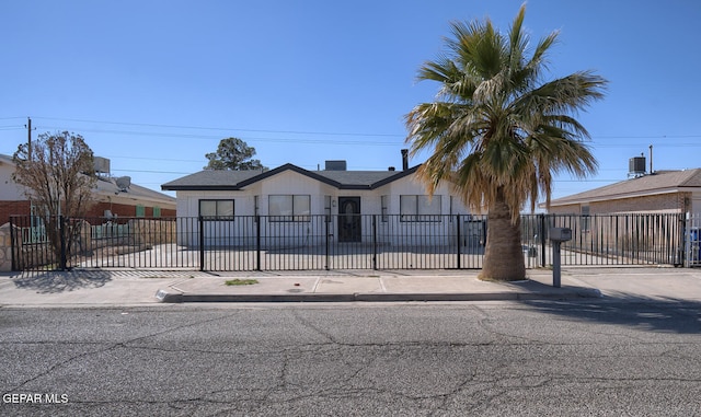 view of front of house with a fenced front yard and central AC unit