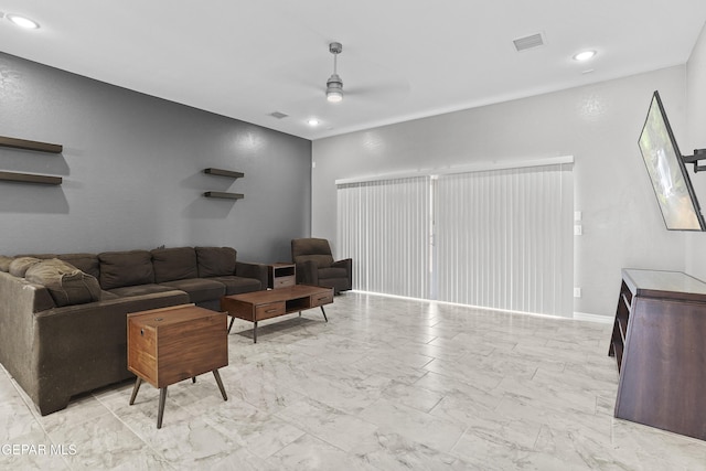 living room with recessed lighting, visible vents, marble finish floor, and ceiling fan