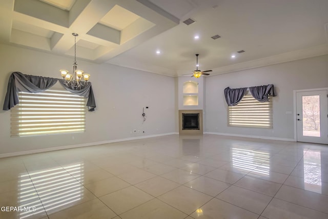 unfurnished living room with tile patterned flooring, visible vents, a fireplace, and baseboards