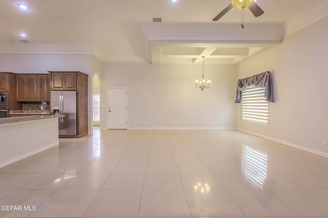 unfurnished living room featuring visible vents, baseboards, light tile patterned floors, arched walkways, and coffered ceiling