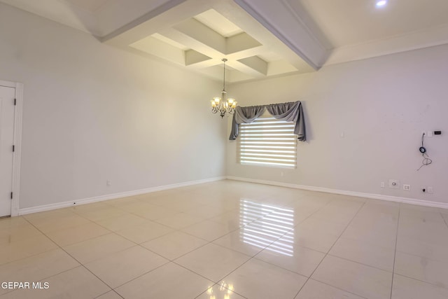 empty room featuring beamed ceiling, coffered ceiling, light tile patterned floors, baseboards, and a chandelier