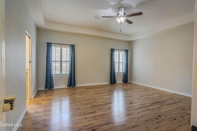 empty room featuring baseboards, plenty of natural light, a raised ceiling, and hardwood / wood-style floors