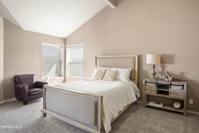 carpeted bedroom featuring beam ceiling, baseboards, and high vaulted ceiling