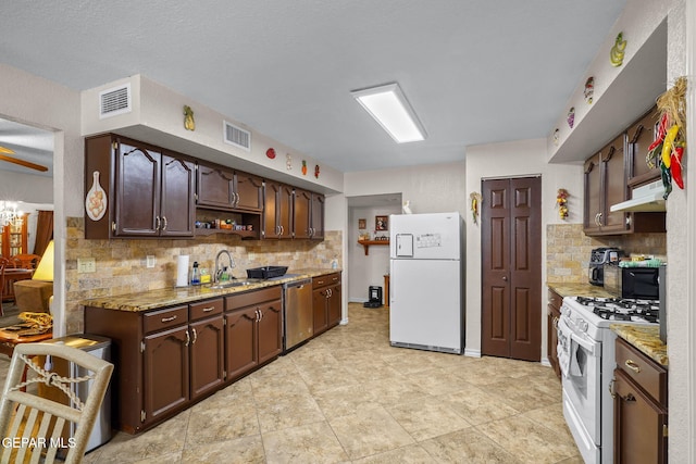 kitchen featuring visible vents, under cabinet range hood, decorative backsplash, white appliances, and open shelves