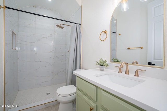 bathroom with toilet, a shower stall, and vanity