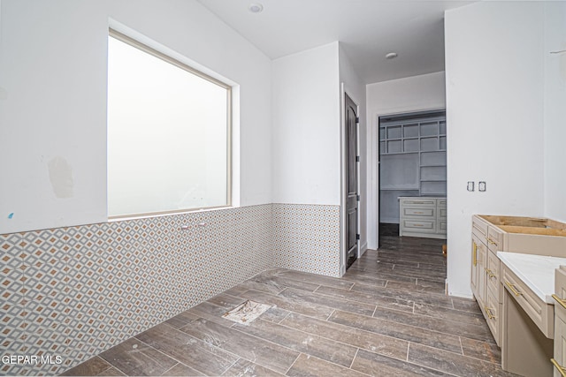 bathroom featuring wainscoting and wood tiled floor